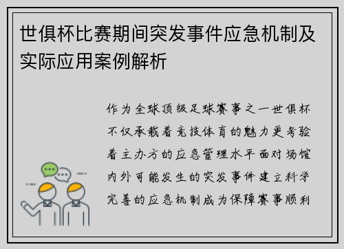 世俱杯比赛期间突发事件应急机制及实际应用案例解析